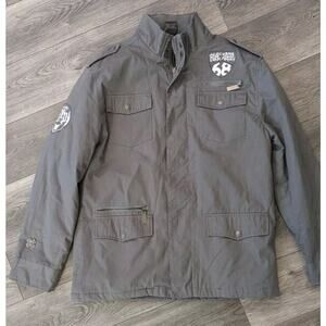 Blac Label Mens 2X Jacket Gray Full Zip Military Patches Biker Eagle Punk Goth